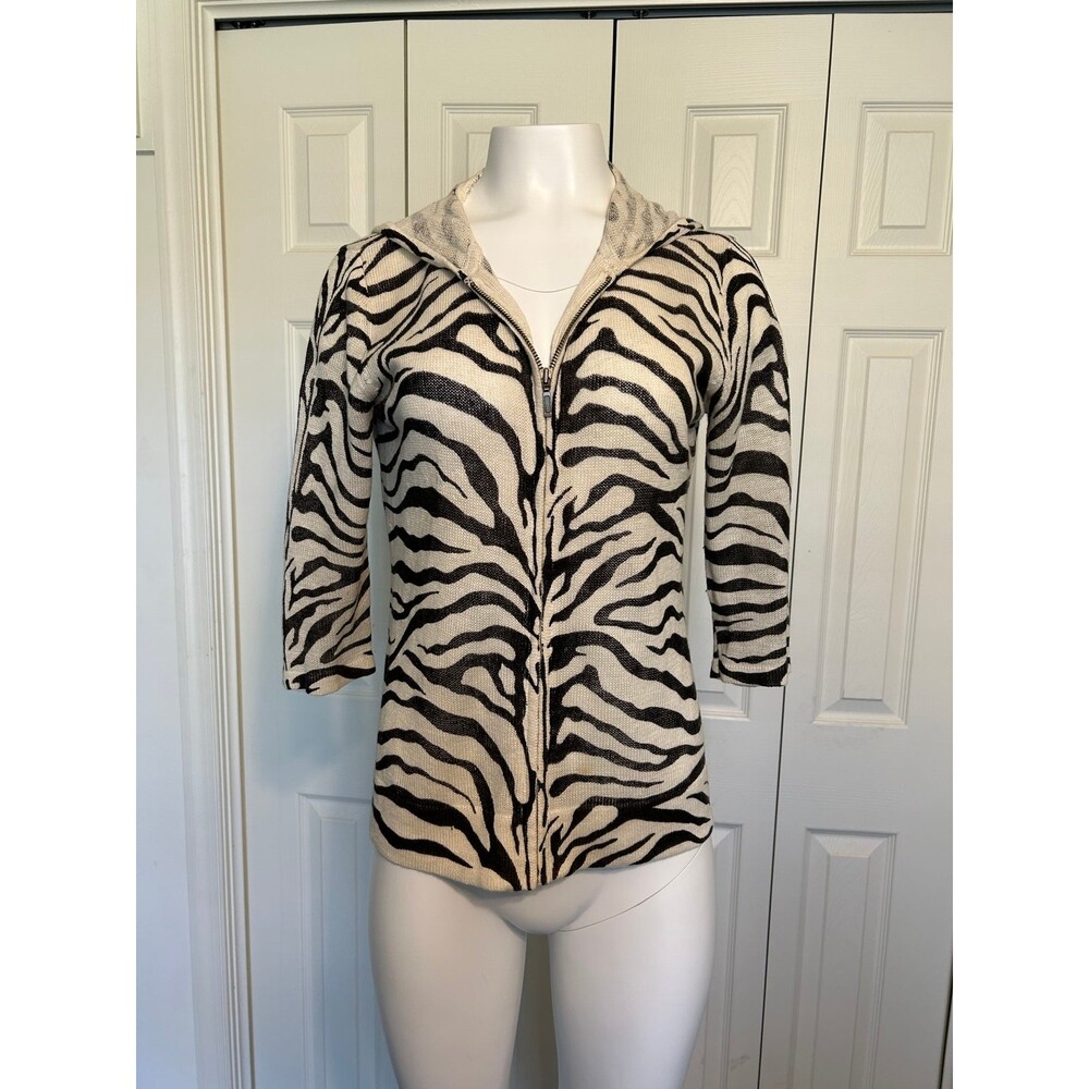 Chico’s Full Zip Linen Hood Zebra Print Sweater
